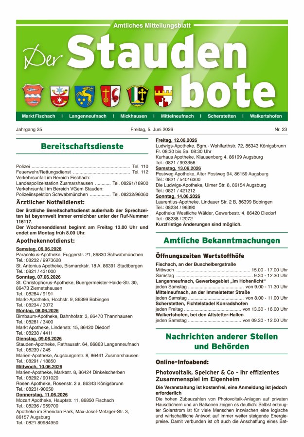 Staudenbote Amtliches Mitteilungsblatt Titelblatt 23/2026