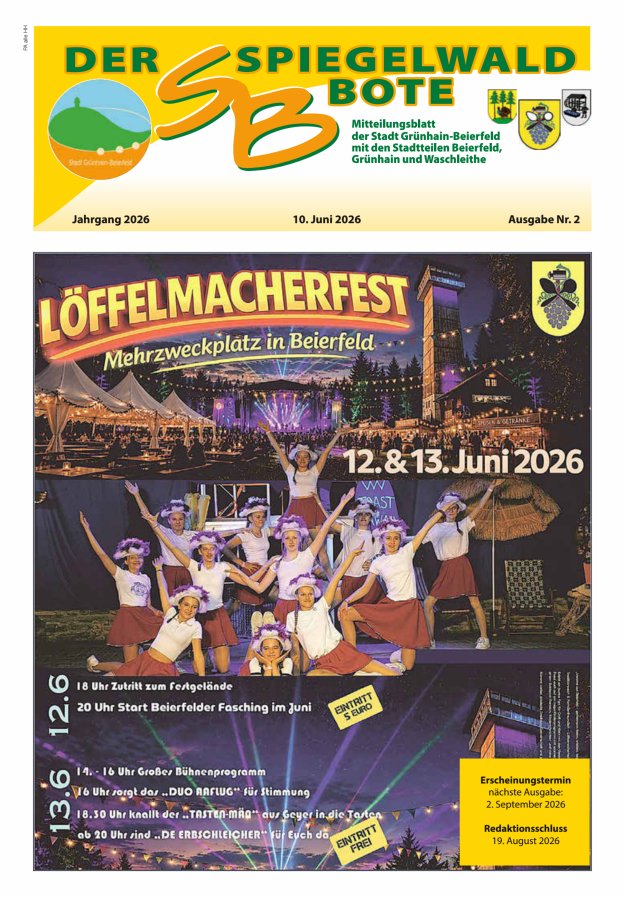 Der Spiegelwaldbote - Amts- und Mitteilungsblatt der Gemeinde Grünhain-Beierfeld  Titelblatt 02/2026