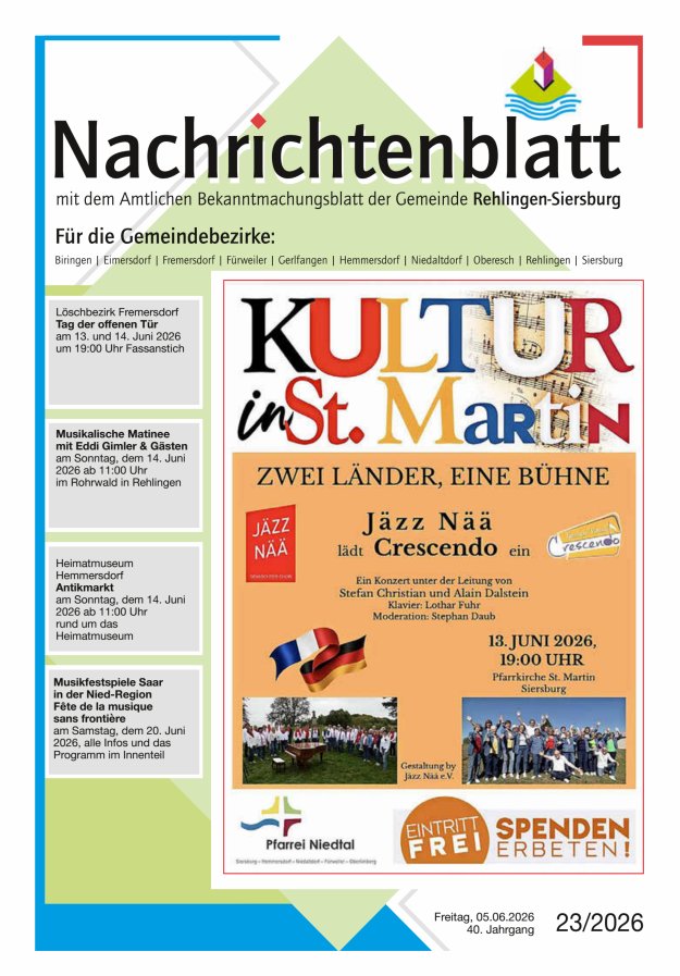 Nachrichtenblatt Rehlingen-Siersburg Titelblatt 23/2026