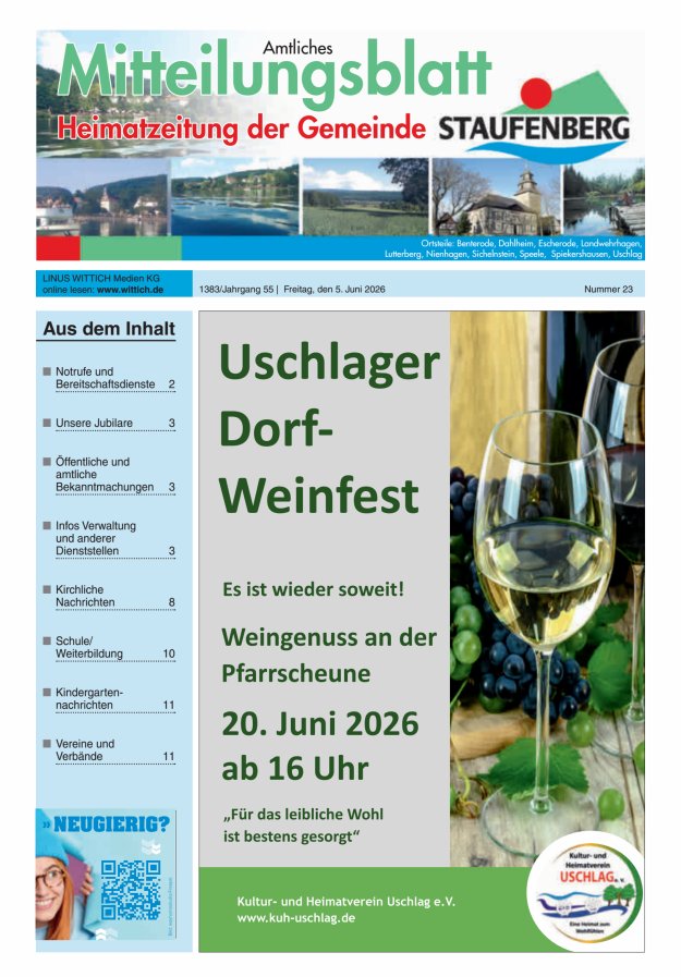 Heimatzeitung der Gemeinde Staufenberg Titelblatt 23/2026