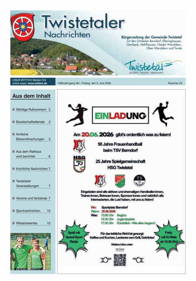 Twistetaler Nachrichten Titelblatt 23/2026