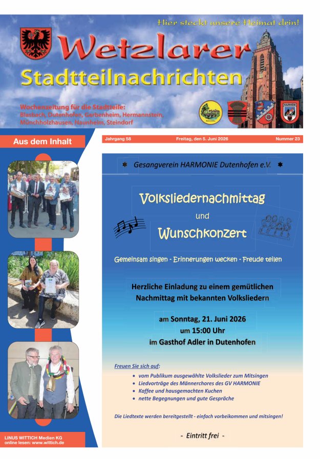 Wetzlarer Stadtteilnachrichten Titelblatt 23/2026
