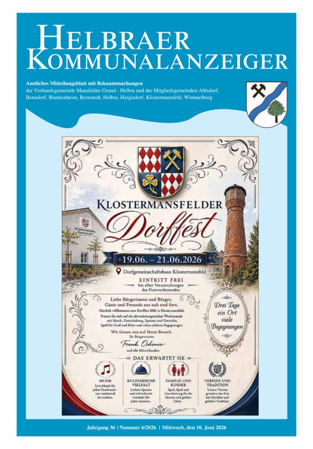Helbraer Kommunalanzeiger – Amtliches Mitteilungsblatt mit Bekanntmachungen Titelblatt 06/2026