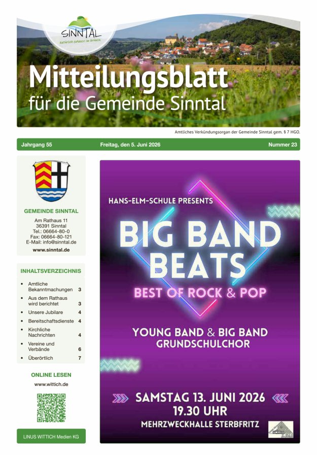 Mitteilungsblatt für die Gemeinde Sinntal Titelblatt 23/2026