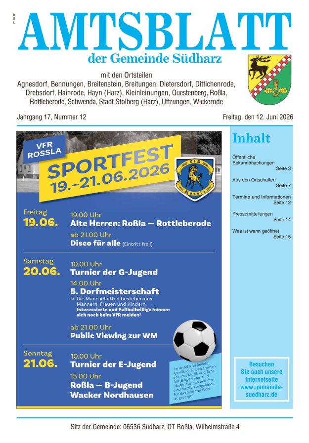 Amtsblatt der Gemeinde Südharz Titelblatt 12/2026