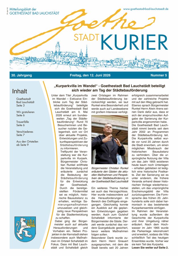 Goethestadt Kurier - Mitteilungsblatt der Goethestadt Bad Lauchstädt Titelblatt 05/2026