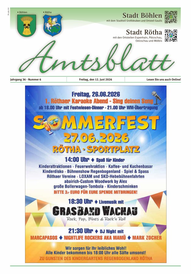 Amtsblatt der Städte Böhlen und Rötha Titelblatt 06/2026