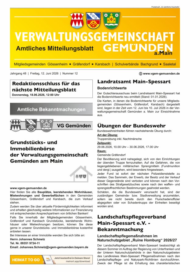 Mitteilungsblatt der VG Gemünden a Main Titelblatt 12/2026