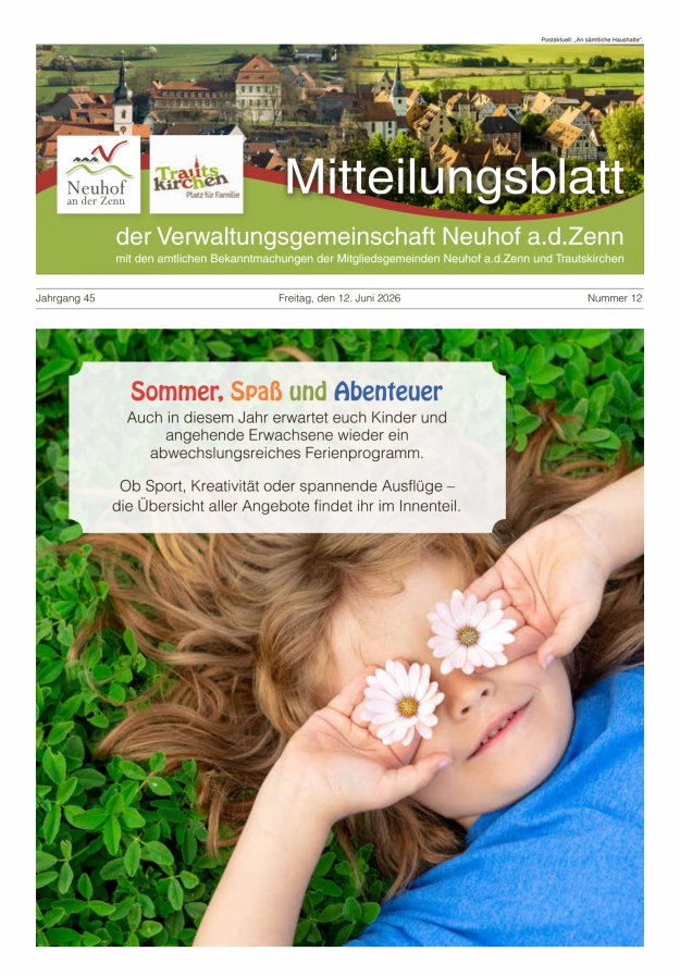 Mitteilungsblatt der Verwaltungsgemeinschaft Neuhof an der Zenn mit den amtlichen Bekanntmachungen der Mitgliedsgemeinden Neuhof an der Zenn und Trautskirchen Titelblatt 12/2026