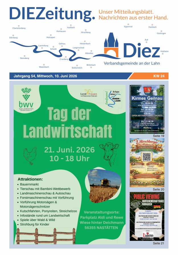 DIEZeitung - Mitteilungsblatt der Verbandsgemeinde Diez  Titelblatt 24/2026