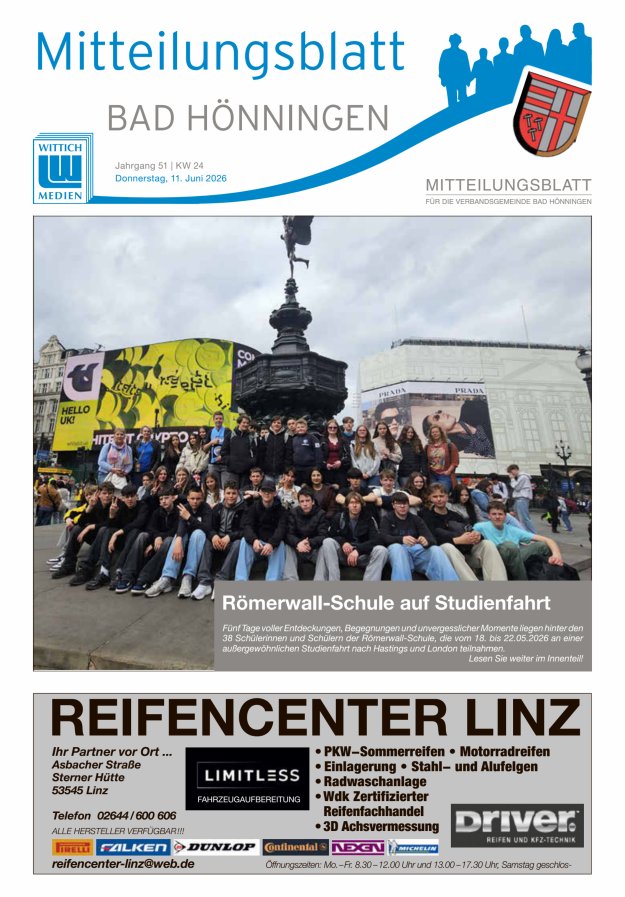 Mitteilungsblatt für den Bereich der Verbandsgemeinde Bad Hönningen Titelblatt 24/2026
