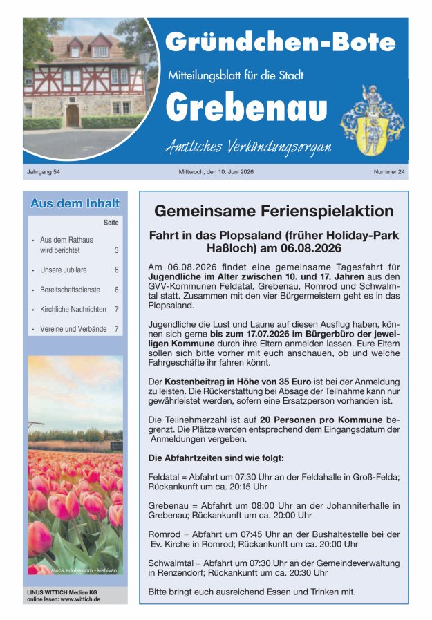 Grebenau - Gründchen Bote - Mitteilungsblatt für die Stadt Grebenau Titelblatt 24/2026