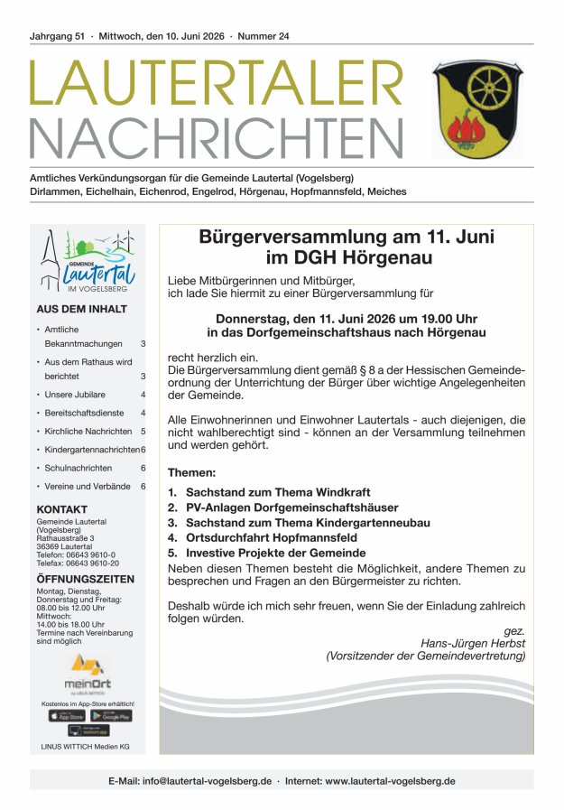 Lautertaler Nachrichten Titelblatt 24/2026