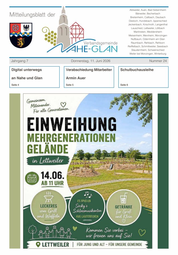 Mitteilungsblatt für die Verbandsgemeinde Nahe-Glan Titelblatt 24/2026