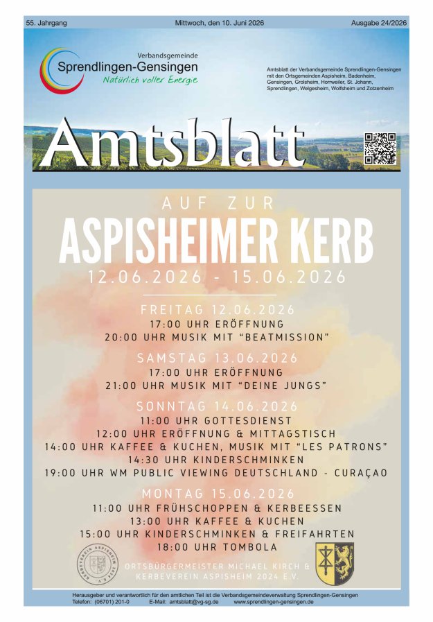 Amtsblatt VG Sprendlingen-Gensingen Titelblatt 24/2026