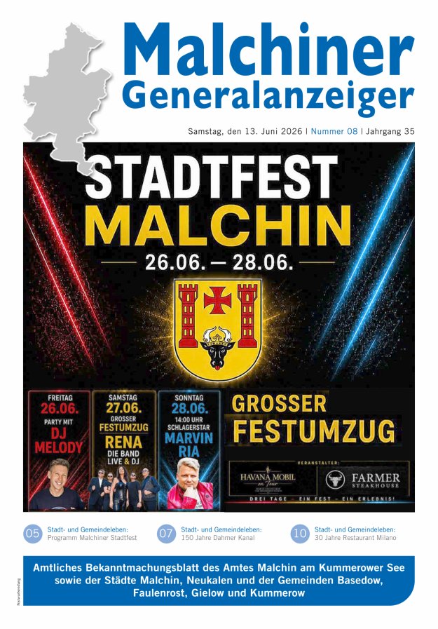 Malchiner Generalanzeiger Titelblatt 08/2026