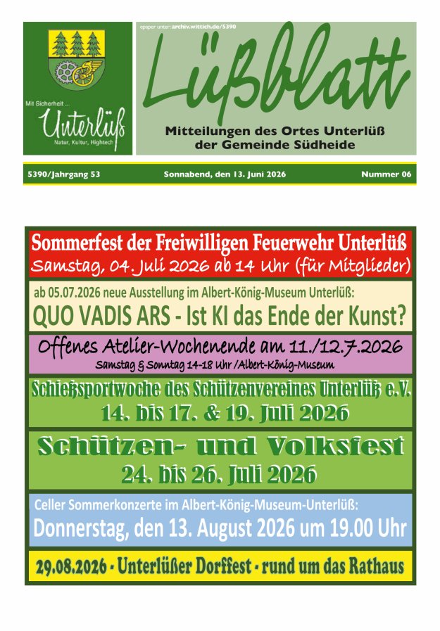 Mitteilungsblatt der Gemeinde Unterlüß Titelblatt 06/2026