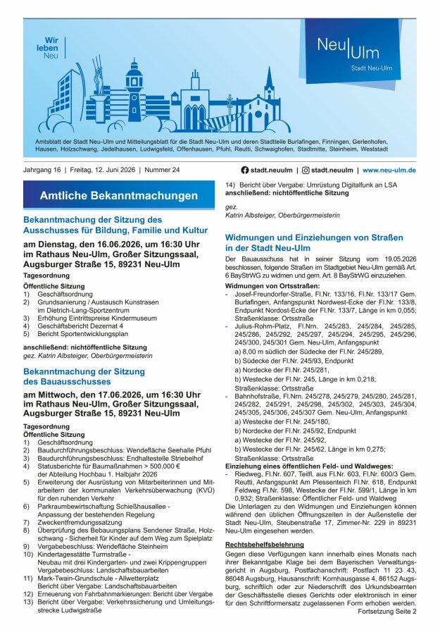 Amtsblatt der Stadt Neu-Ulm und Mitteilungsblatt für die Stadt Neu-Ulm Titelblatt 24/2026