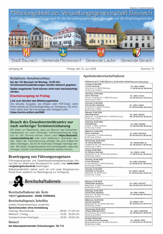 Mitteilungsblatt Verwaltungsgemeinschaft Baunach Titelblatt 12/2026