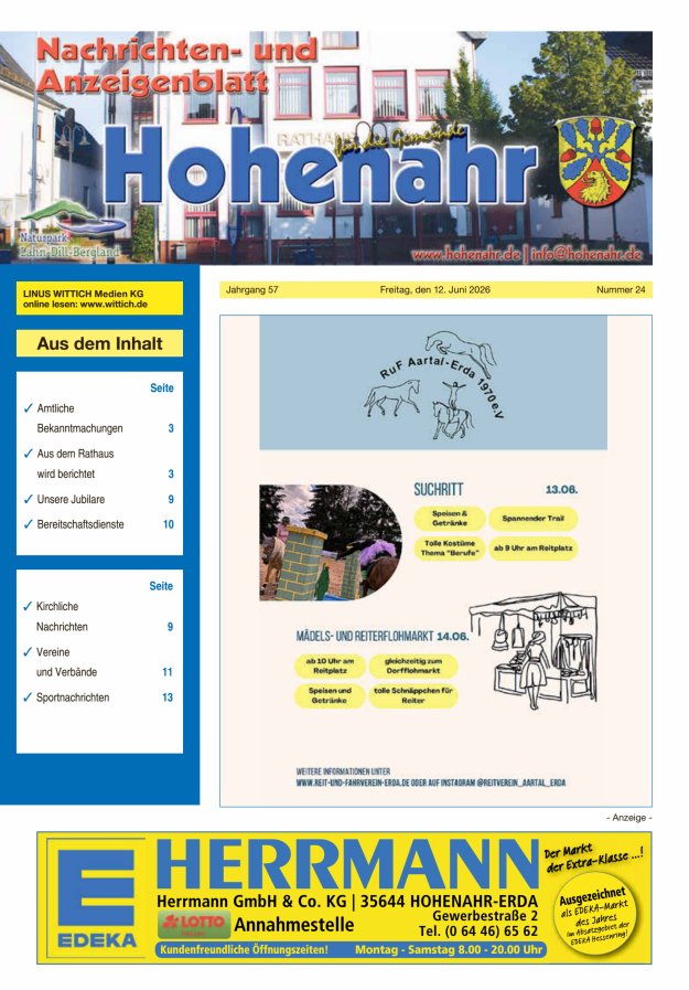 Nachrichten- und Anzeigenblatt für die Gemeinde Hohenahr Titelblatt 24/2026