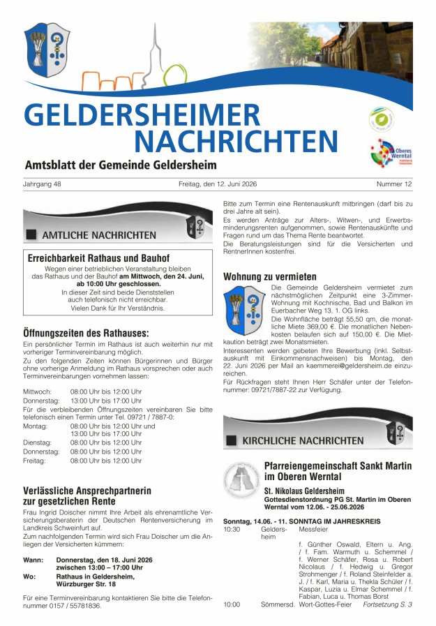 Geldersheimer Nachrichten Amtsblatt der Gemeinde Geldersheim Titelblatt 12/2026