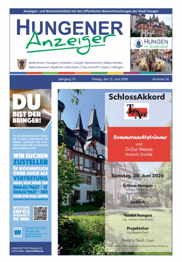 Anzeigen- und Nachrichtenblatt mit den öff  Bekanntmachungen der Stadt Hungen Titelblatt 24/2026