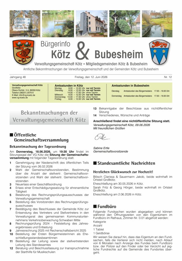 Amtsblatt der VG Kötz und der Mitgliedsgemeinden Titelblatt 12/2026