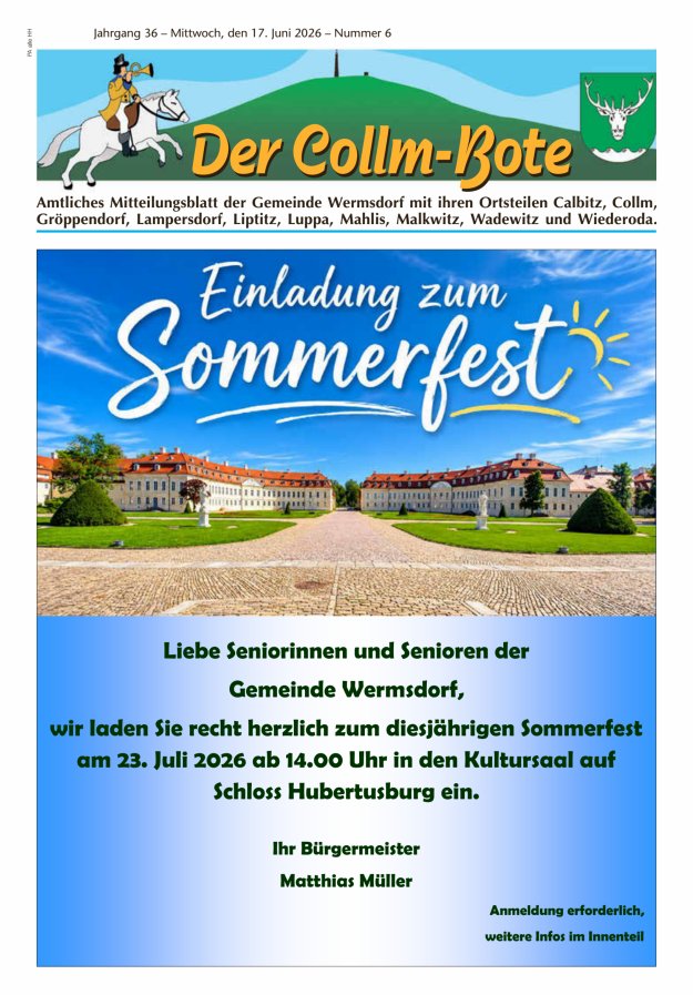 Collm-Bote – Amtliches Mitteilungsblatt der Gemeinde Wermsdorf mit ihren Ortsteilen Titelblatt 06/2026