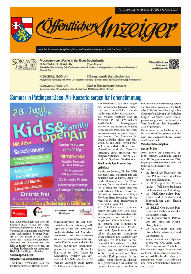 Öffentlicher Anzeiger - Stadt Püttlingen Titelblatt 24/2026