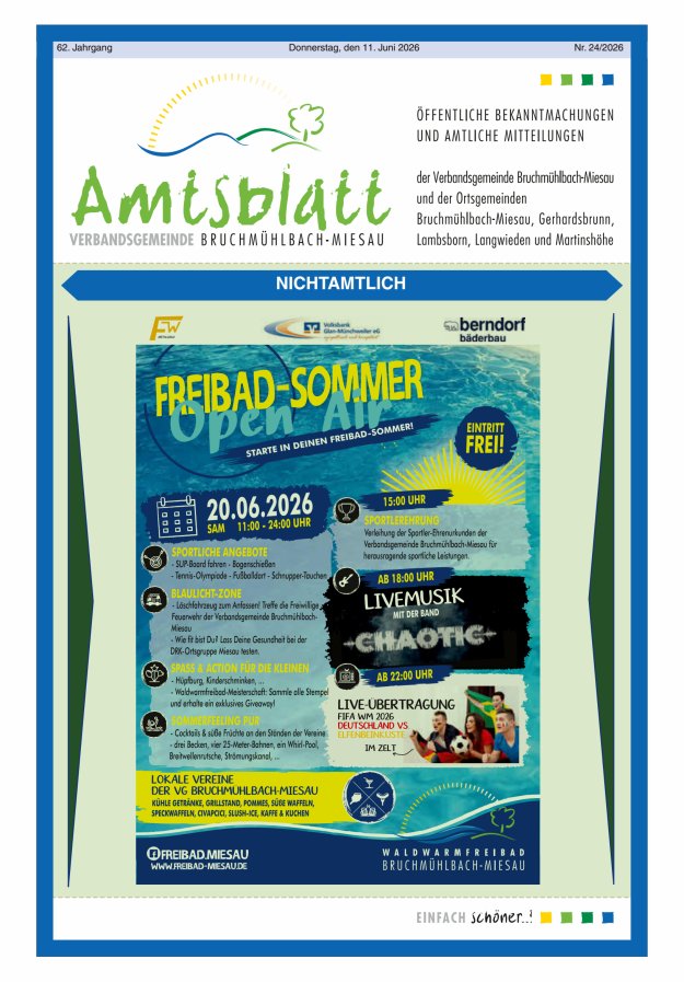 Amtsblatt der VG Bruchmühlbach-Miesau Titelblatt 24/2026