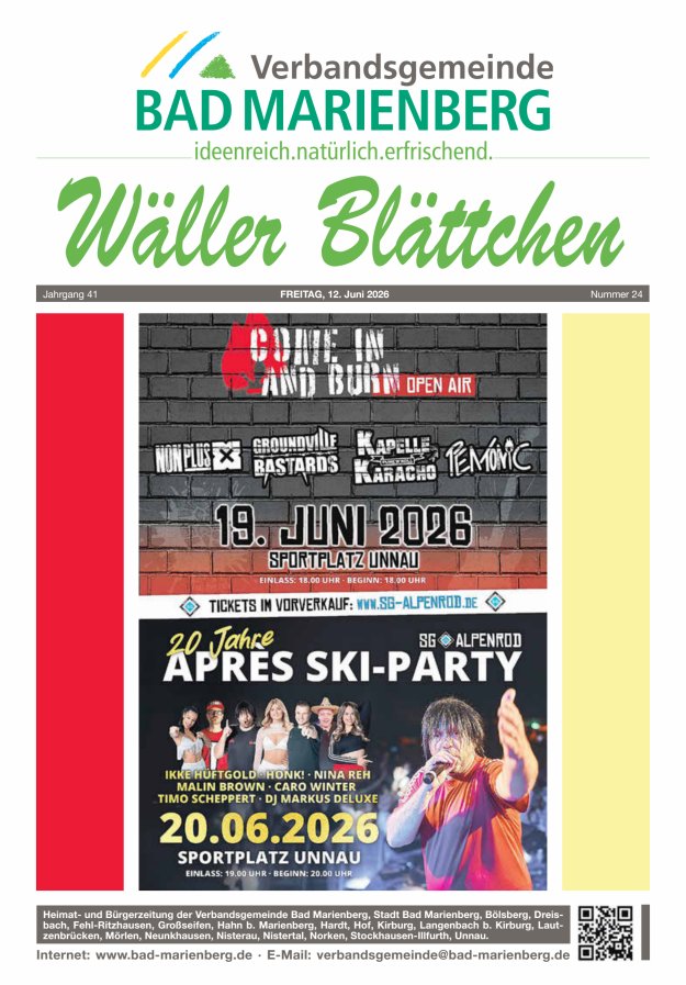 Wäller Blättchen - Verbandsgemeinde Bad Marienberg Titelblatt 24/2026