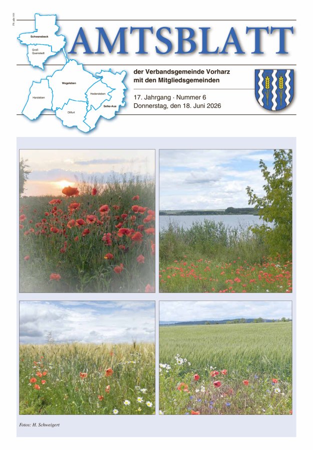 Amtblatt der Verbandsgemeinde Vorharz mit den Mitgliedsgemeinden Titelblatt 06/2026