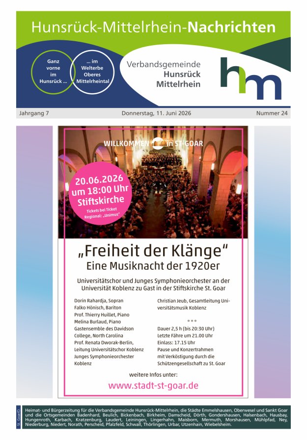 Hunsrück-Mittelrhein Nachrichten Ausgabe St Goar Oberwesel Titelblatt 23/2026