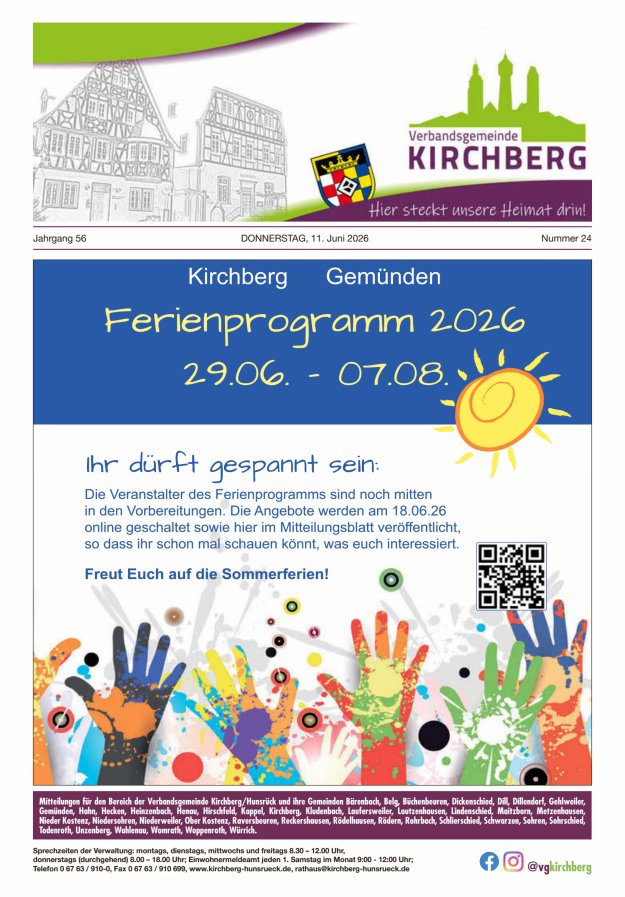 Mitteilungen der Verbandsgemeinde Kirchberg Hunsrück Titelblatt 24/2026