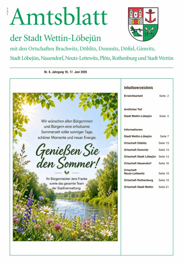 Amtsblatt der Stadt Wettin-Löbejün mit den Ortsteilen Titelblatt 06/2026