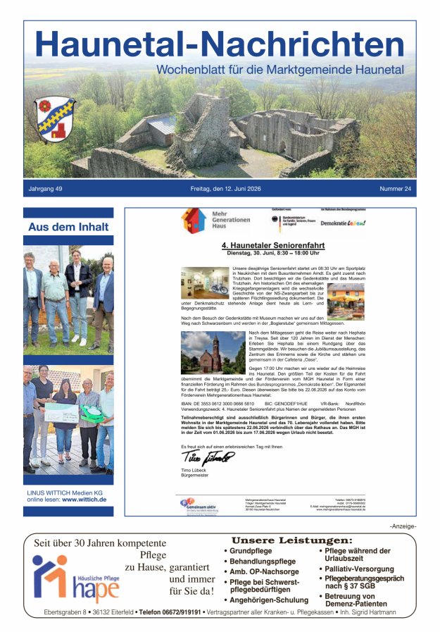 Haunetal-Nachrichten Titelblatt 24/2026