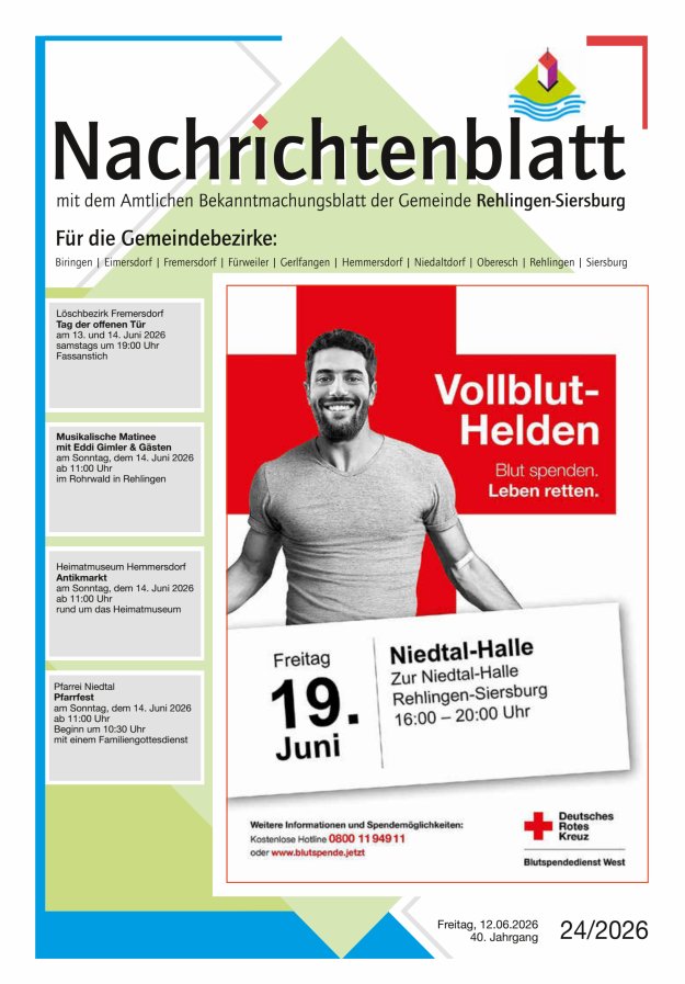 Nachrichtenblatt Rehlingen-Siersburg Titelblatt 24/2026