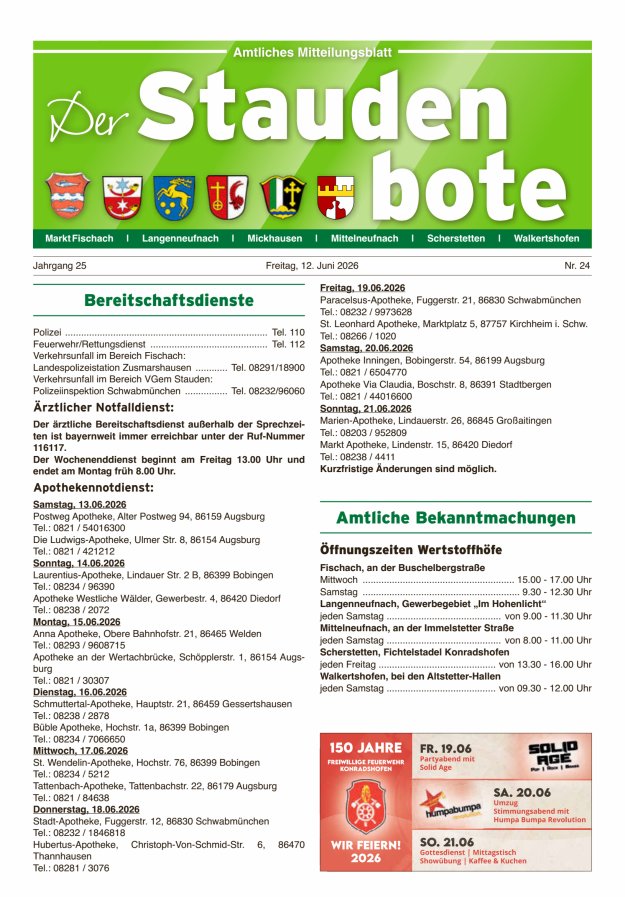 Staudenbote Amtliches Mitteilungsblatt Titelblatt 24/2026