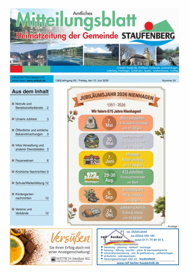 Heimatzeitung der Gemeinde Staufenberg Titelblatt 24/2026