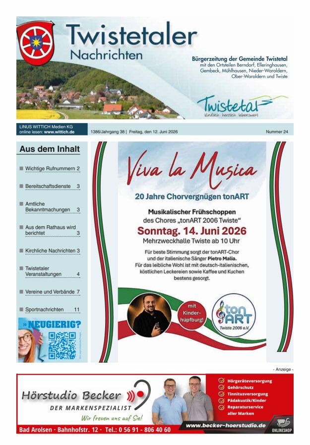 Twistetaler Nachrichten Titelblatt 24/2026