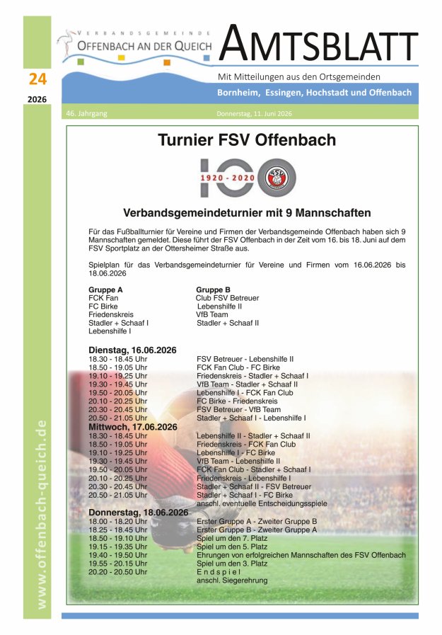 Amtsblatt VG Offenbach an der Queich Titelblatt 24/2026