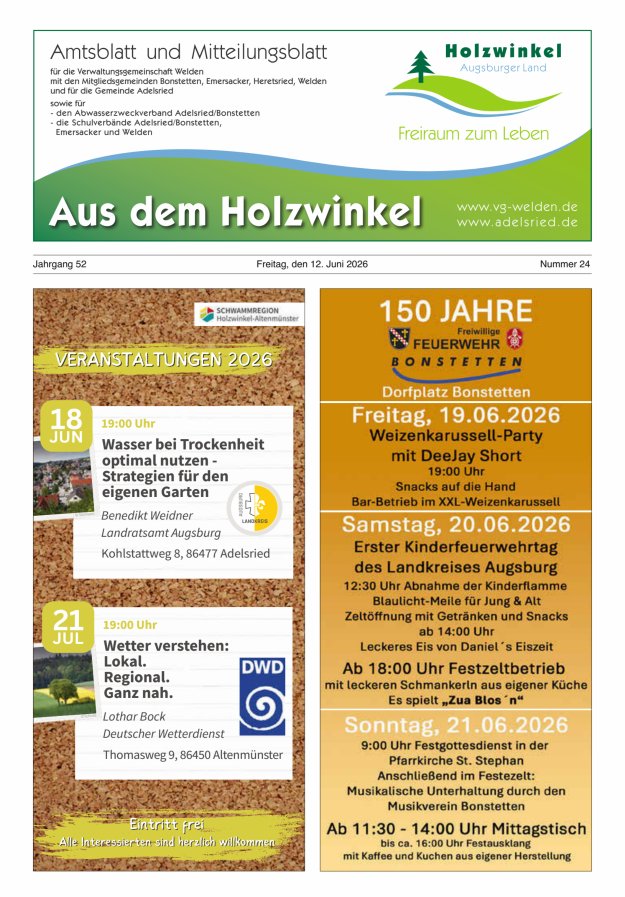 Aus dem Holzwinkel Amtsblatt u Mitteilungsblatt f VG Welden u GemAdelsried Titelblatt 24/2026