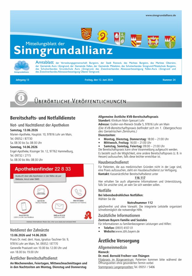 Mitteilungsblatt der Sinngrundallianz Titelblatt 24/2026