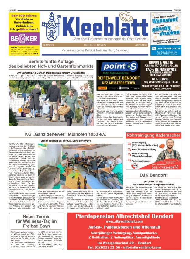 Kleeblatt - Amtliches Bekanntmachungsorgan der Stadt Bendorf Titelblatt 24/2026