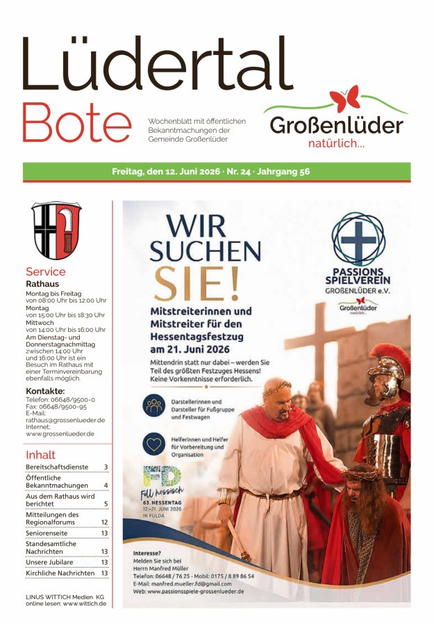 Wochenblatt mit öffentlichen Bekanntmachungen der Gemeinde Großenlüder Titelblatt 24/2026