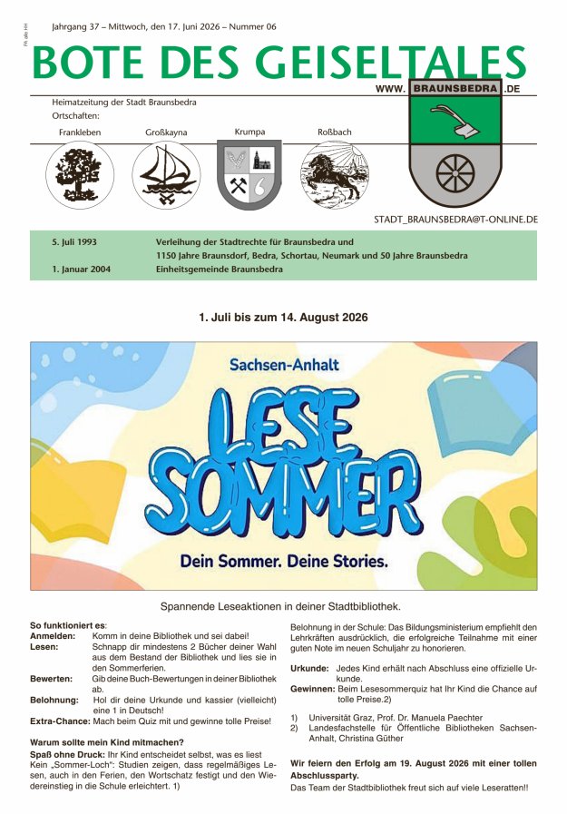 Bote des Geiseltales - Heimatzeitung der Stadt Braunsbedra Titelblatt 06/2026