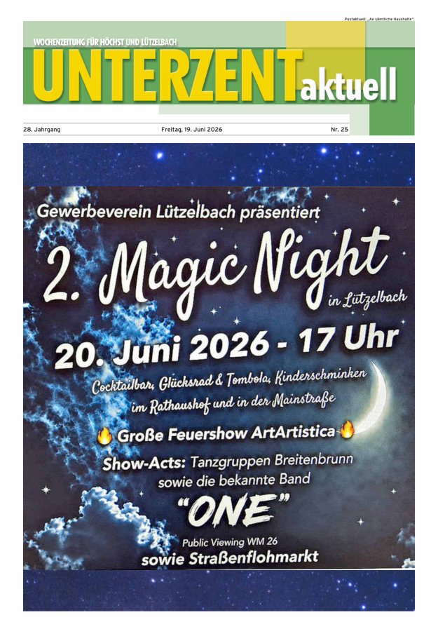 Unterzent aktuell Wochenzeitung für Höchst und Lützelbach Titelblatt 25/2026