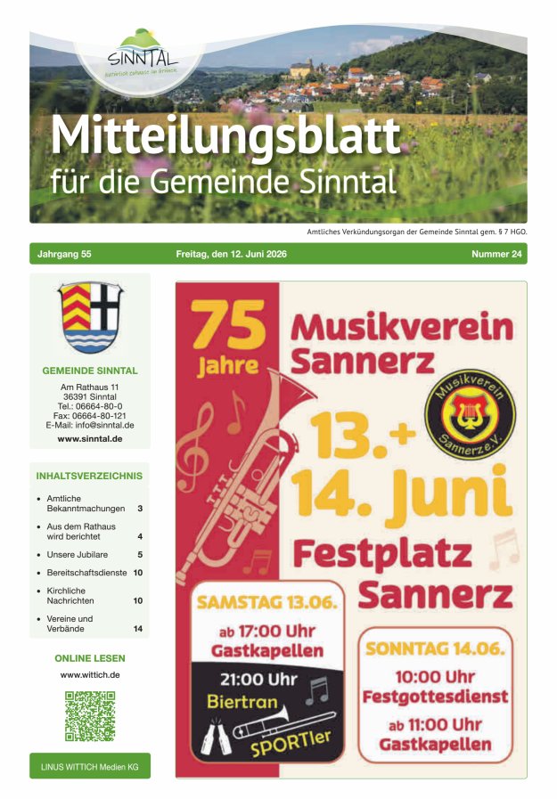 Mitteilungsblatt für die Gemeinde Sinntal Titelblatt 24/2026