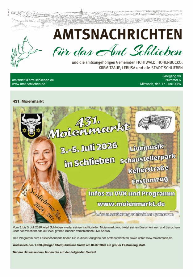 Amtsnachrichten – Amtsblatt für das Amt Schlieben und die amtsangehörigen Gemeinden Titelblatt 06/2026
