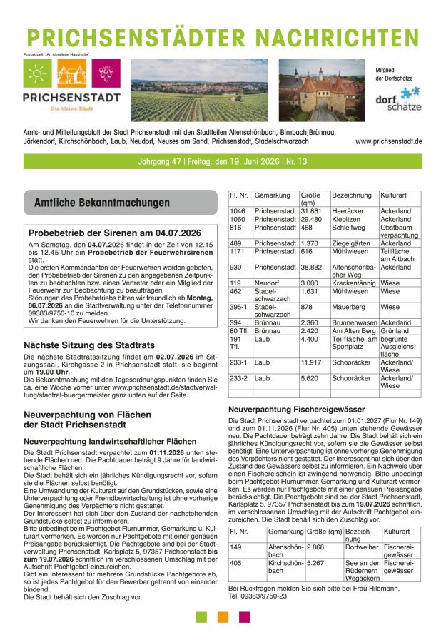 Prichsenstädter Nachrichten Titelblatt 13/2026